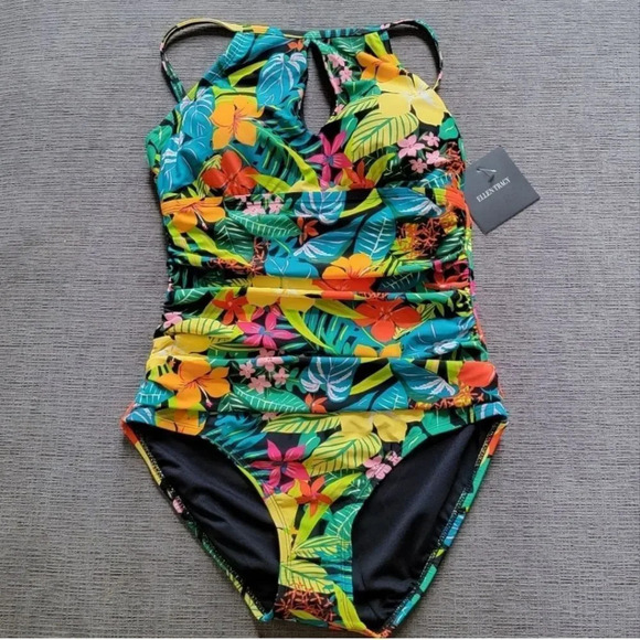 🆕️Ellen Tracy High Neck Over the Shoulder One Piece floral keyhole Swims…
